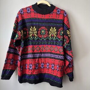 Vintage‎ 90s Sweater Women XL Multicolor Mock Neck Pullover Geometric Knit Cozy